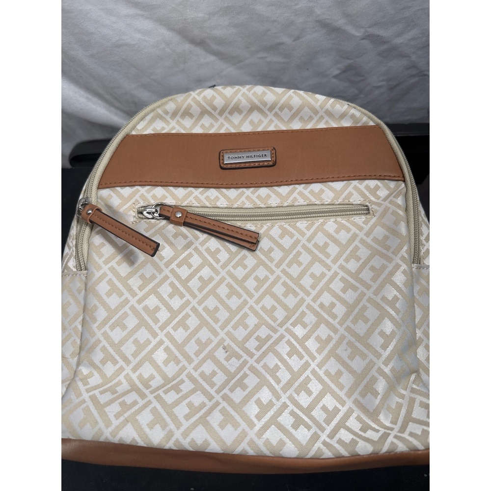 Tommy Hilfiger Mini Backpack Monogram Jacquard Cream Tan Brown Logo Bag